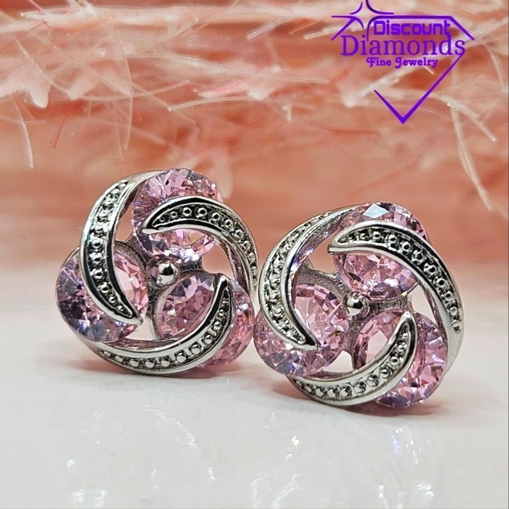 Pink Sapphire Earrings White Baguette Diamonds 925 Sterling Silver